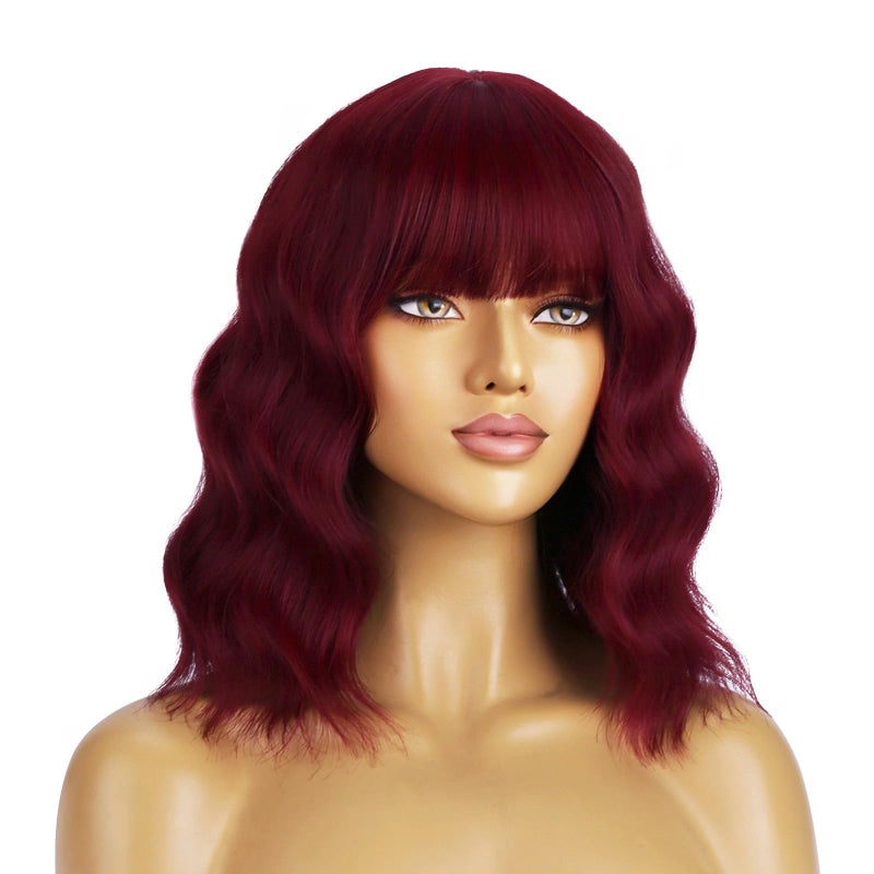 BERON 14 Inches Red Wig Short Curly Wigs Wine Red Wigs with Bangs for Women Synthetic Wig with Hairnet - Image 3